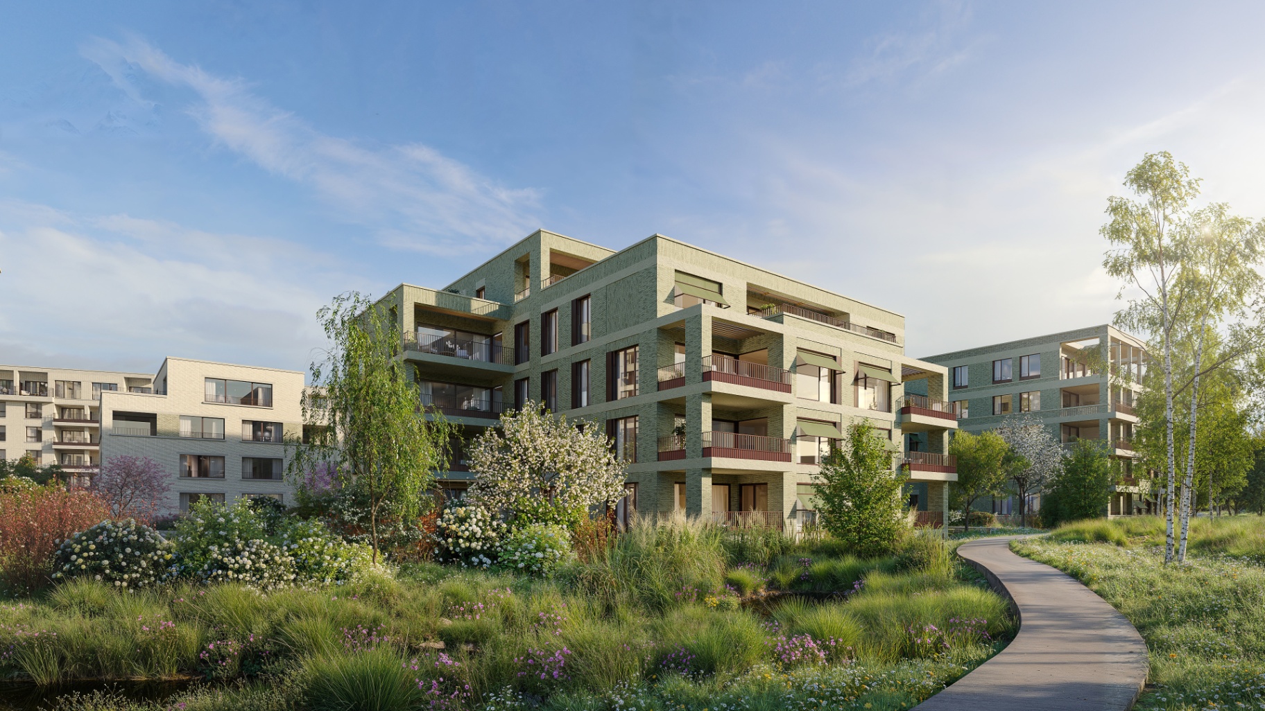 Wattland — binnentuin met groene gevels en wandelpad