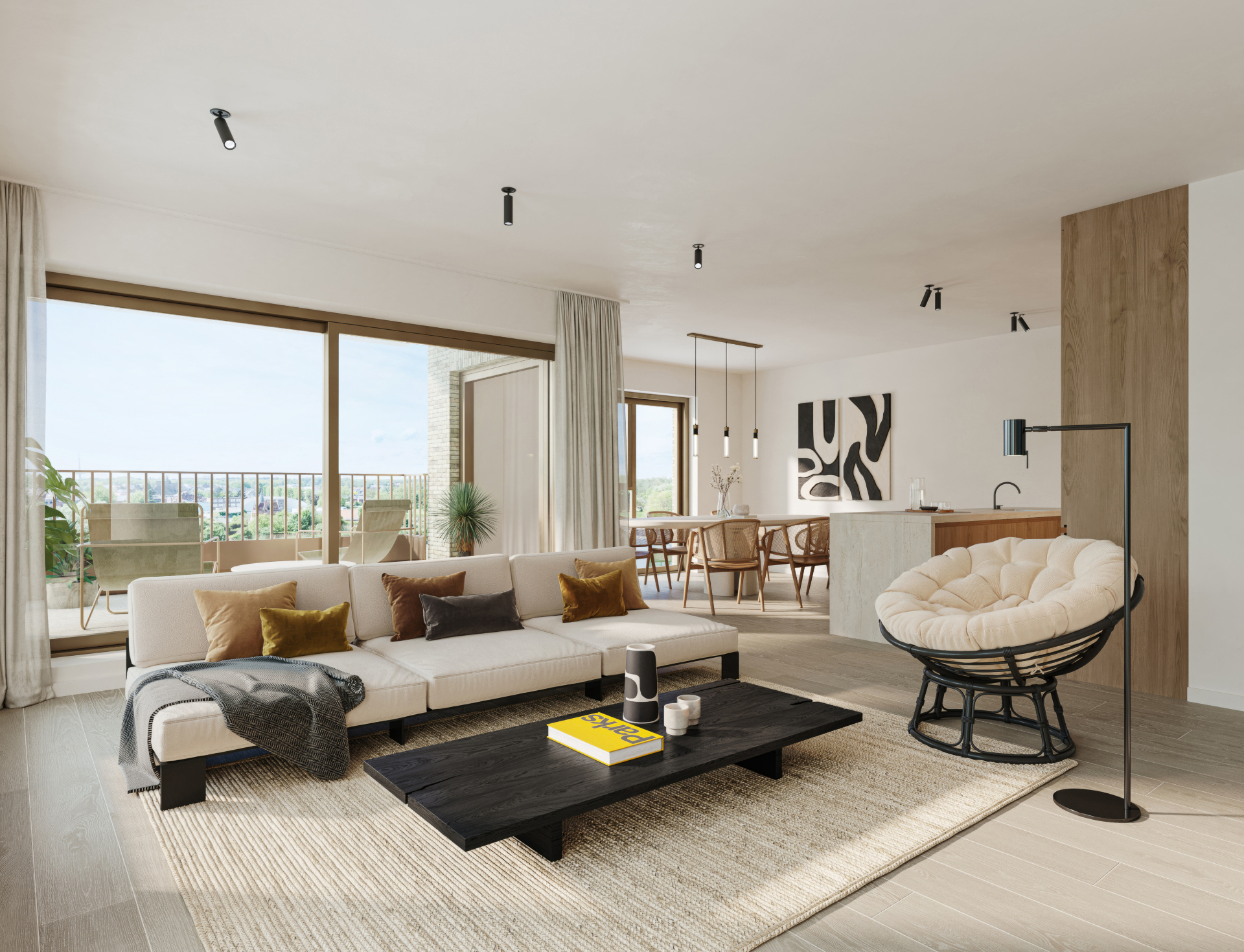 Wattland interieur — woonkamer met zicht op balkon