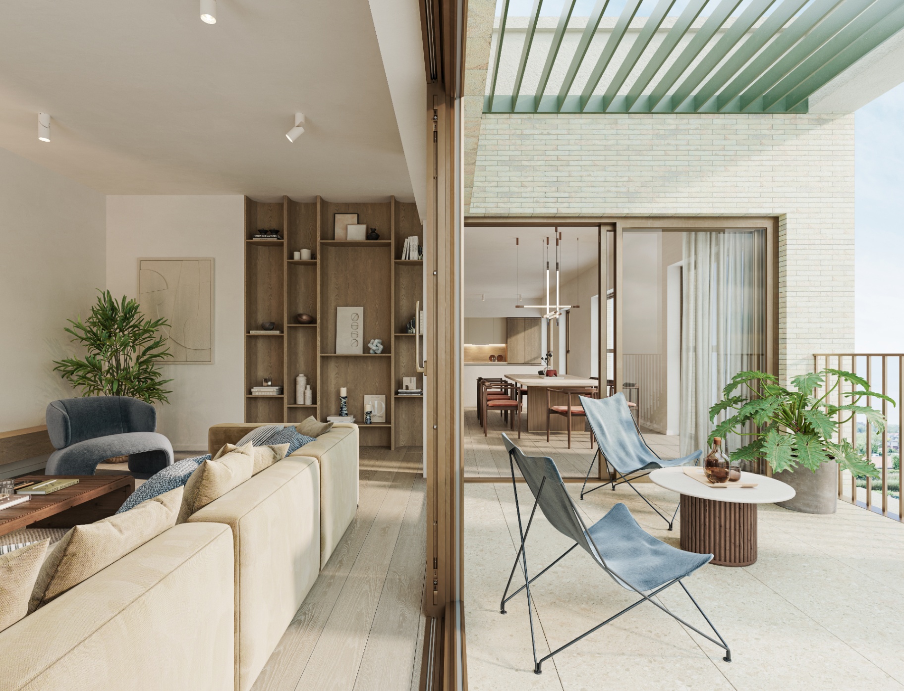 Wattland penthouse — leefruimte met terras en pergola