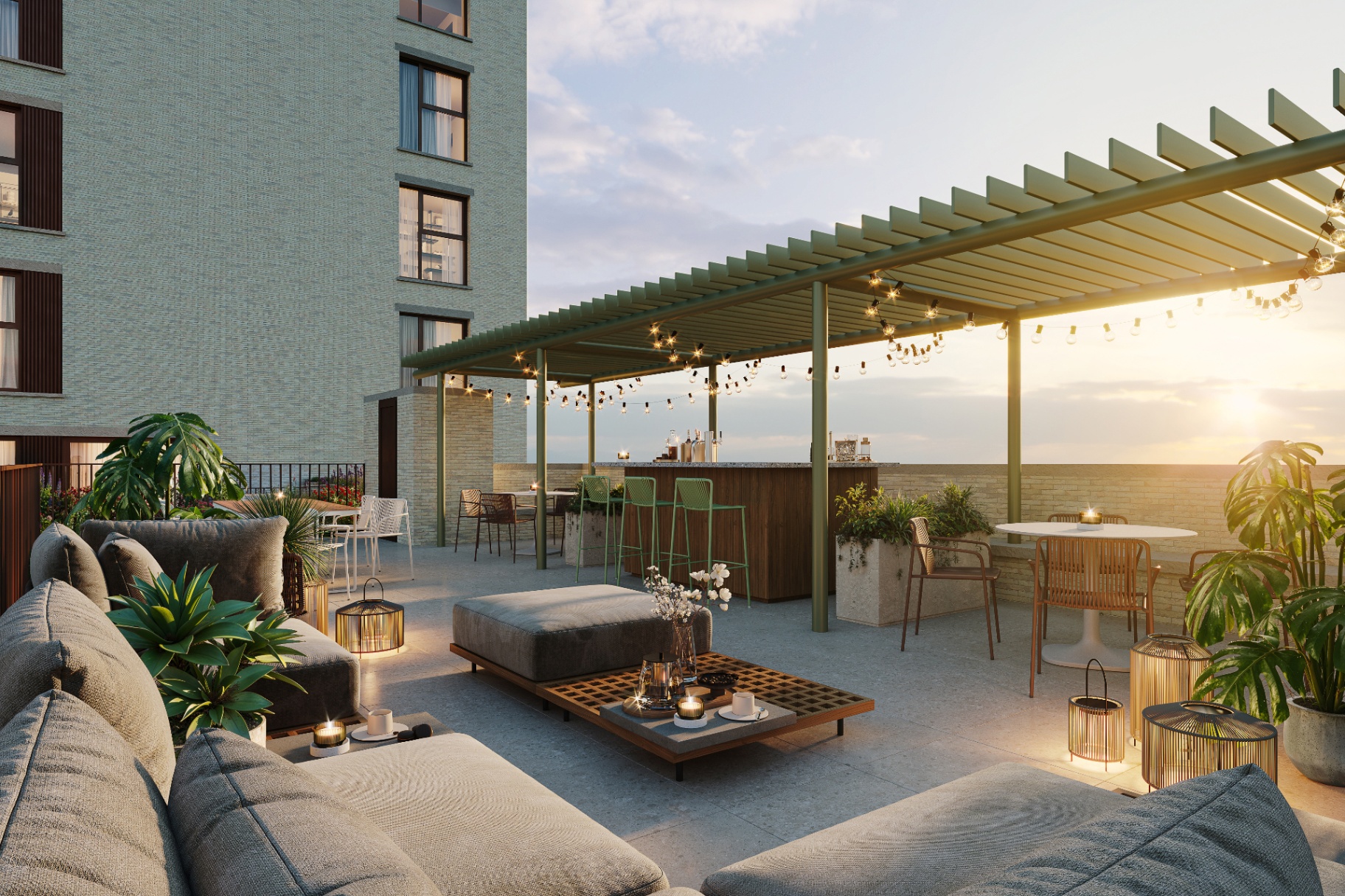 Wattland — dakterras met pergola bij zonsondergang